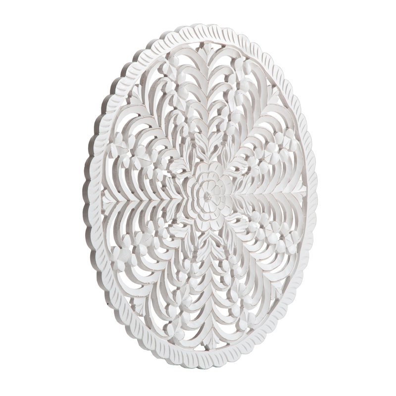 Lottie White Round Wood Bohemian Wall Medallion, 30-Inches
