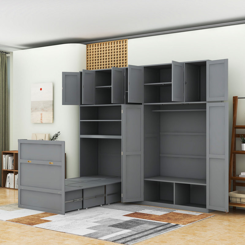 Lit escamotable simple en bois avec tablettes et lumière DEL, garde-robe, Grey
