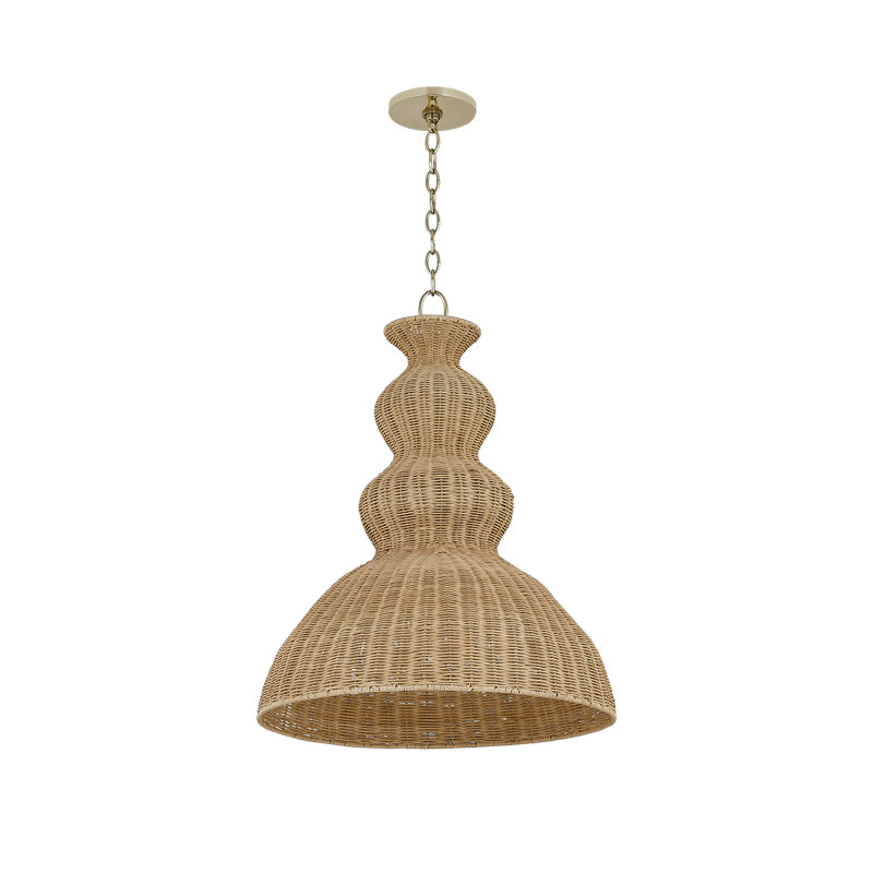 Aged Brass Indoor/Outdoor Pendant with Natural Wicker Shade