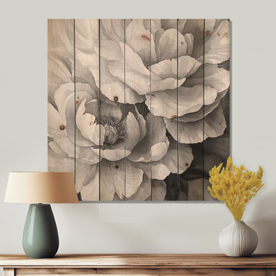 Peonies In Monochrome Layers I - Peonies Wood Print - On Natural Pine Wood