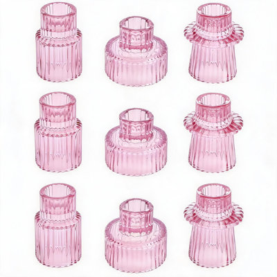 Ensemble de 9 chandeliers en verre nervuré, bougies chauffe-plat et bougies multi-styles pour la décoration de table, rose