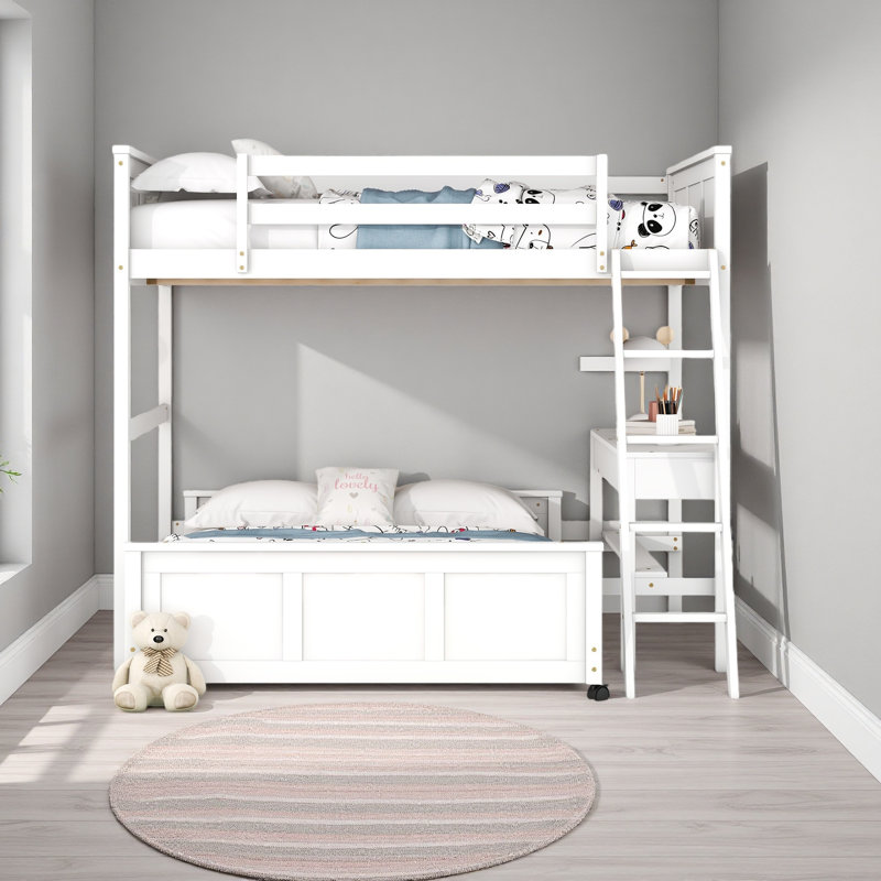 Lit superposé avec bureau, Lit superposé double sur double, Blanc