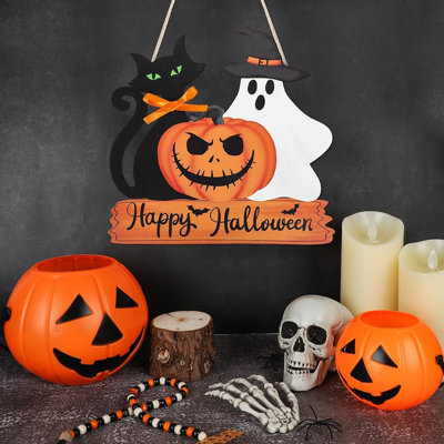 Panneau de porte en bois « Joyeux Halloween » – Décor de porche et mur avec fantôme, citrouille et couronne de chat noir