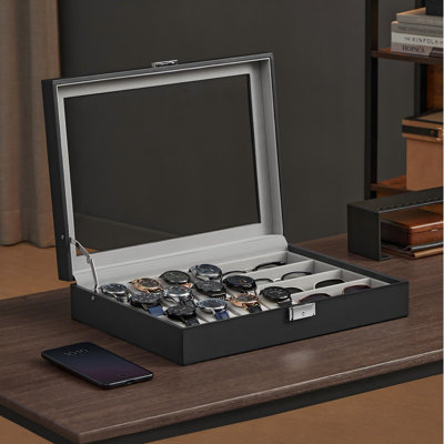 Watch Box 16Slot Watch Case Lockable Watch Storage Box With Glass Lid Gift Idea