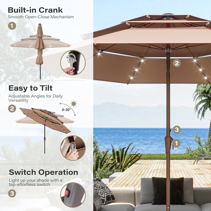 Parasol de terrasse extérieur de 3 m (10 pi) à 3 niveaux avec éclairage DEL, inclinaison par bouton et 8 baleines en fibre de verre, protection UV et résistant au vent, idéal pour piscine, jardin ou terrasse.