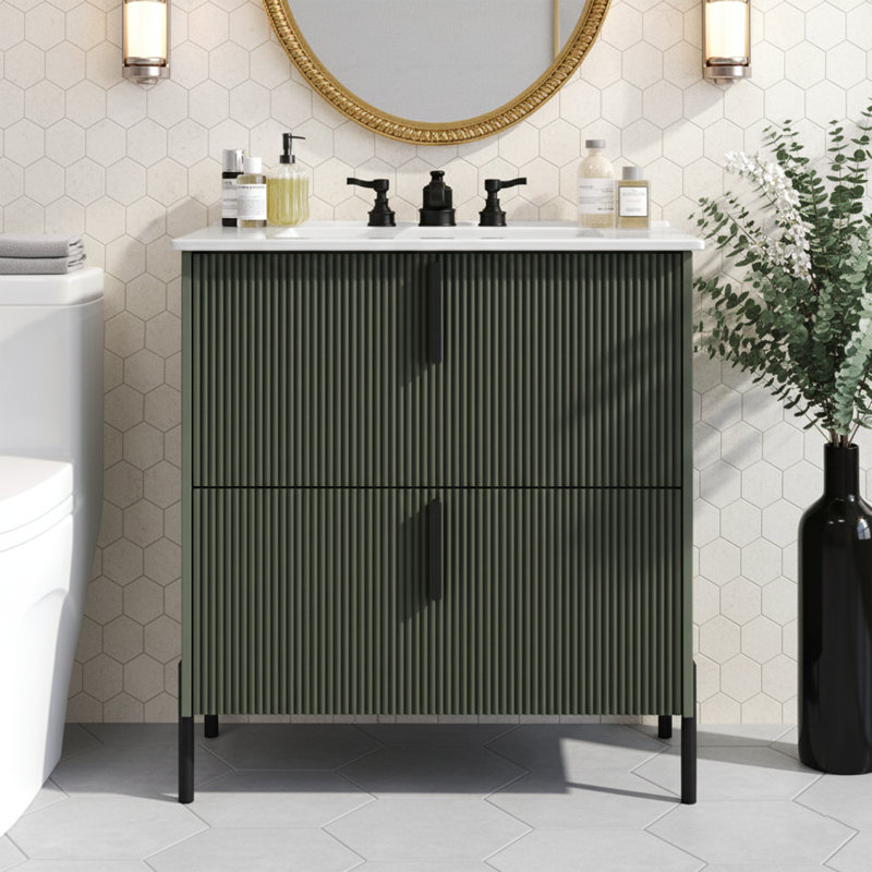  Meuble-lavabo simple de 30 po de largeur avec lavabo en céramique intégré et tiroirs à fermeture douce - vert, Vert