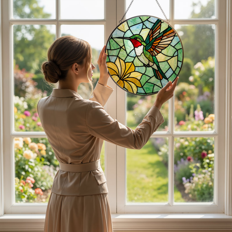 Panneau de vitrail 12 "Hummingbird Flower, H 12 po x l 12 po