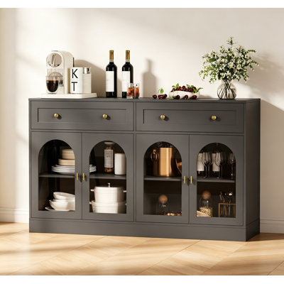Buffet de 55 po, crédence moderne en bois avec portes arquées en acrylique et tiroirs divisés pour la cuisine, la salle à manger et le salon