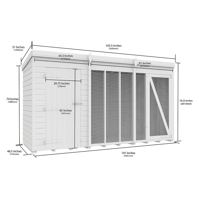 Dog Kennel and Run Full Height, 201cm H x 358cm W x 118cm D
