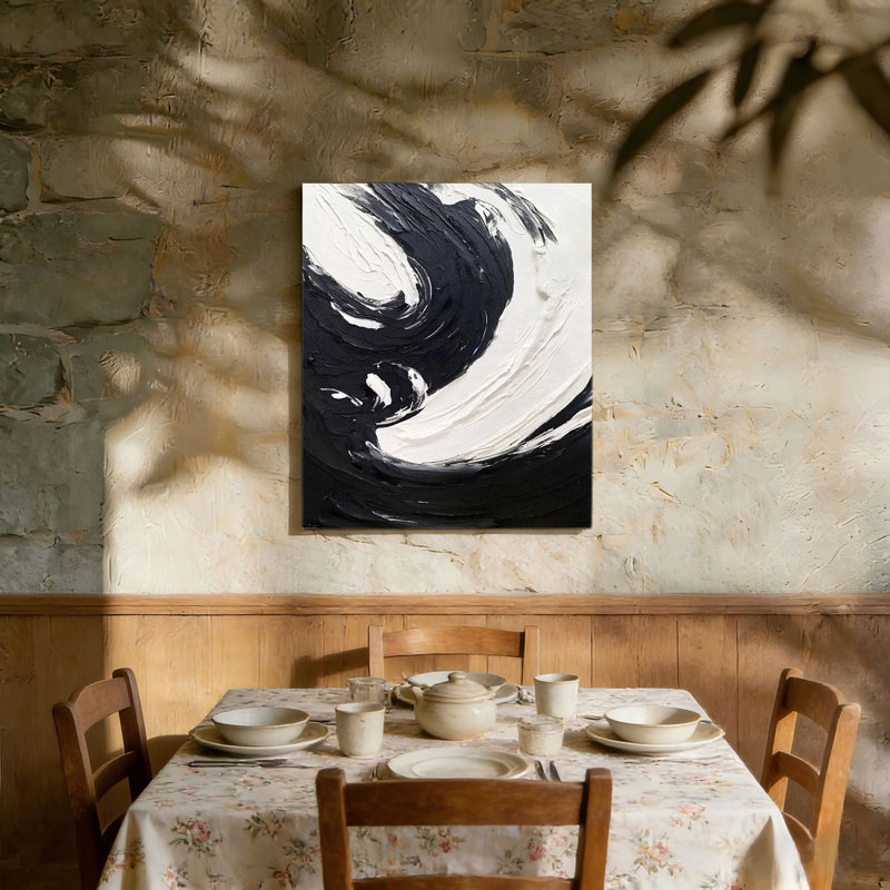 Toile abstraite noire et blanche, cadre en bois à l'arrière encastré, décoration murale 36 "x 24"