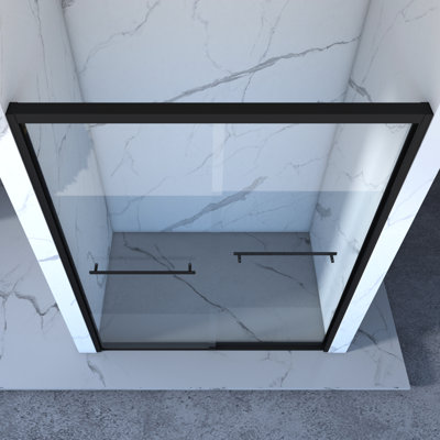 Double porte de douche coulissante, 56 - 60 "x 70", aluminium, verre trempé de 8 mm, quincaillerie noire, salle de bain, imperméable, approche en installation simple Cadre en alliage d'aluminium de 60 po x 70 po, coulissant, noir, stratégique
