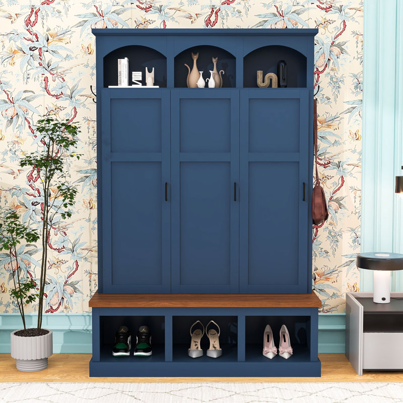 Hall Tree with Bench, 3 Hidden Cabinets and 5 Hooks, Blue