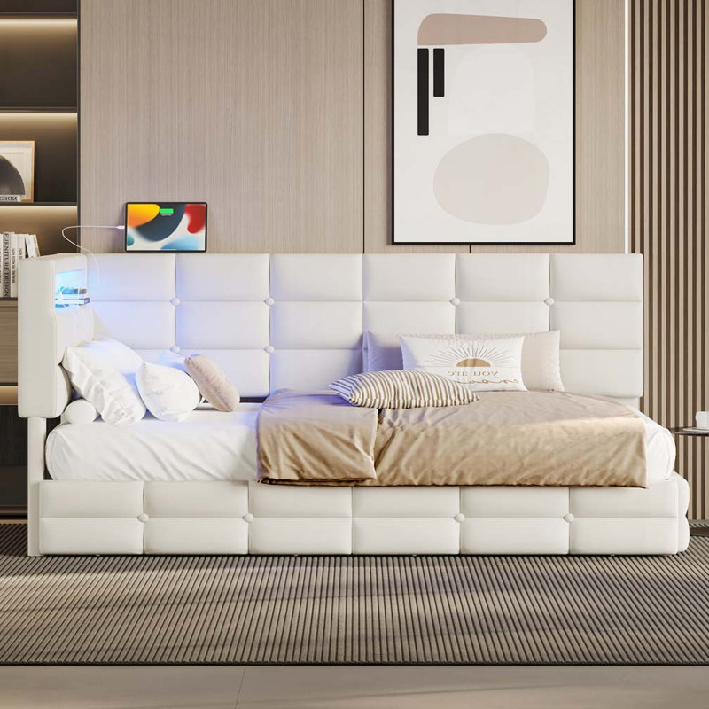 Storage 2 Drawers and Charging Station Upholstered aybed with LED Lights, Beige