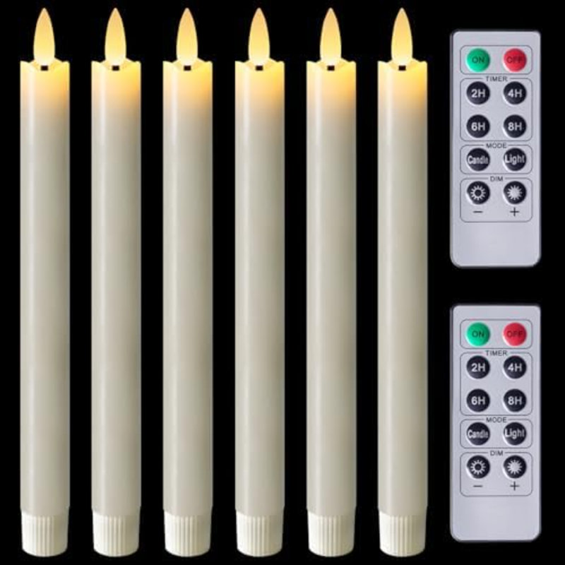 Bougies coniques sans flamme avec gradateur à distance, bougies DEL scintillantes, bougies de fenêtre à piles, 9,6 pouces pour décoration de célébration de mariage de Noël, ivoire, 6 pièces