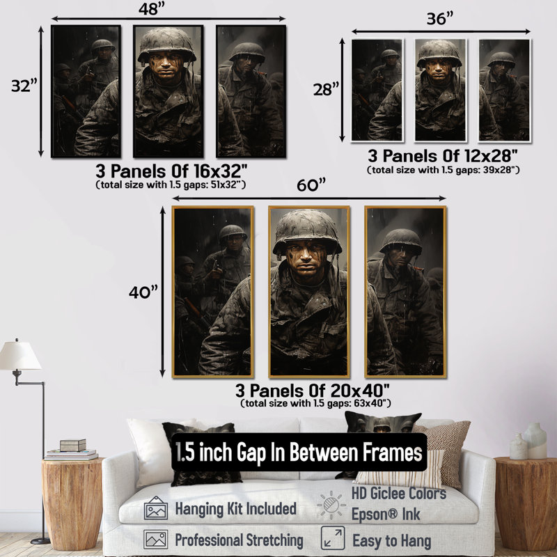 «Militaires», ensemble d'art mural sur toile militaire, H 28 po x l 36 po x P 1 po, Cadre flottant noir