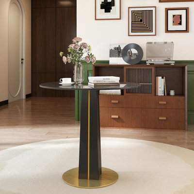Table de ronde ronde moderne - plateau en verre trempé de 85 cm, pieds en bois noir avec base en métal doré