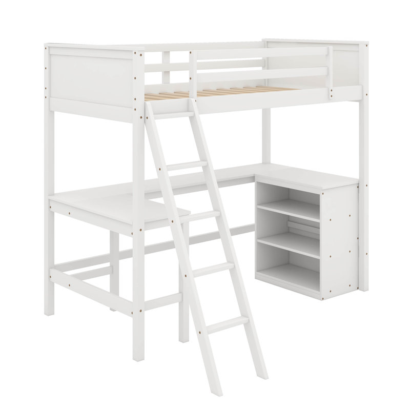 Lit mezzanine simple avec tablettes et bureau, Blanc