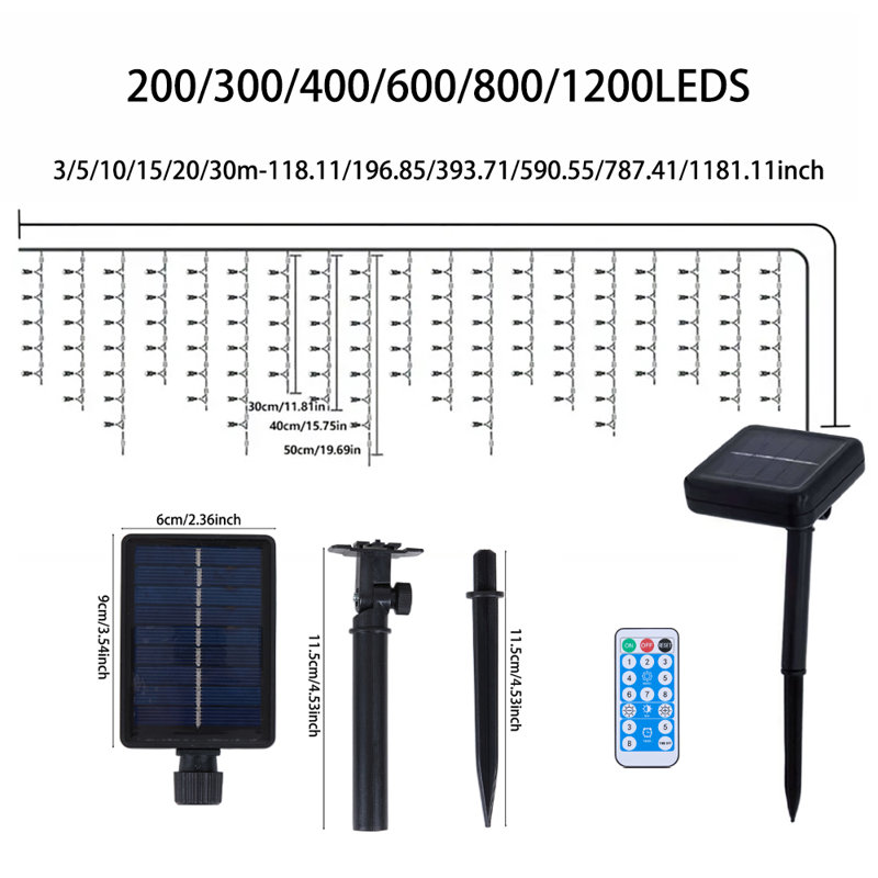 300cm Solar Powered 300 - Bulb Cord String Light