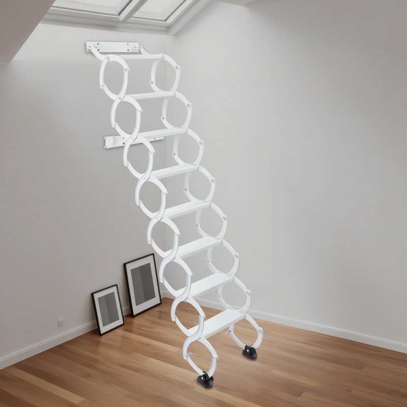 8 Steps Wall Mounted Retractable Folding Ladder, White