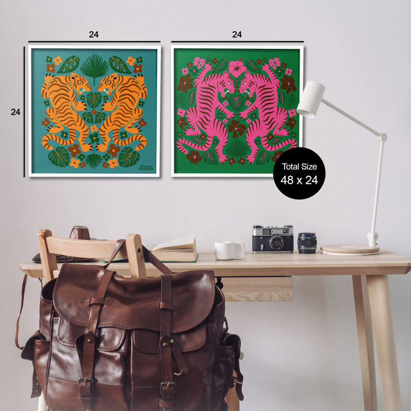 «Eclectic Twin Tigers», ensemble de 2 giclées par Carrie Cantwell, Estampe numérique encadrée blanc bord de mer