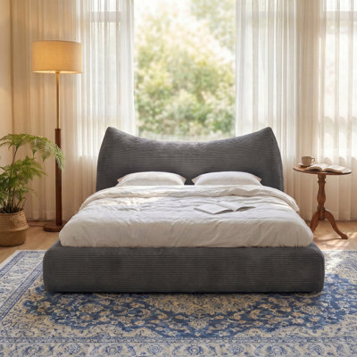 Upholstered Cloud Bed Frame with 9.4" Thickened Detachable Headboard, Boucle Platform Bed Frame with Rounded Corner Design, Easy Assembly