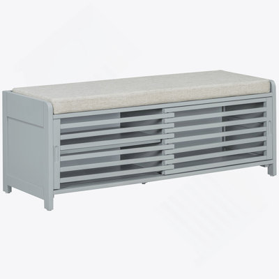 Distressed Shutter Storage Bench With Acacia Veneer For Retro Charm For Living Room, Entryway (Grey)