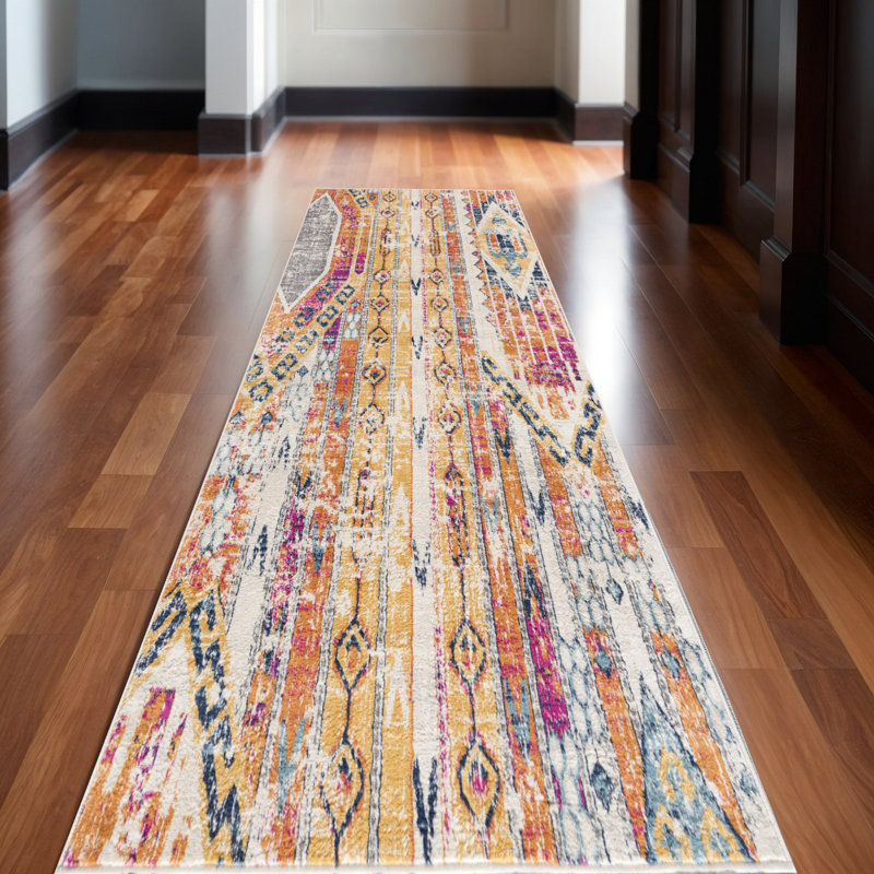18' Yellow And Beige Abstract Runner Rug