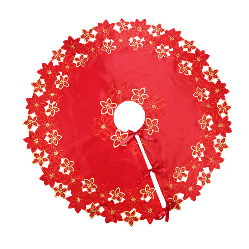 Embroidered Red and Gold Poinsettia 68" Round Christmas Tree Skirt