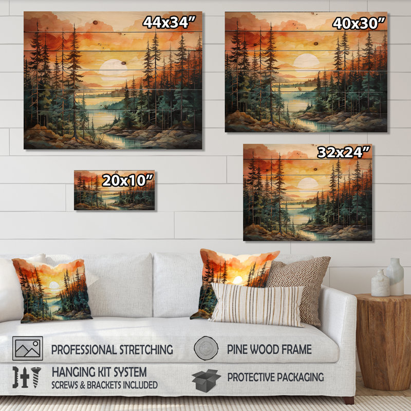 «Pine Tree Sunset Glow II» sur bois, H 24 po x l 32 po x P 0,78 po