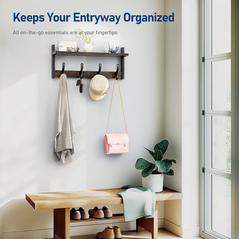 20" Rustic Coat Rack Wall Mount With Shelf, Wall Hooks With Shelf, Heavy Duty Entryway Organizer Hangers, Brown