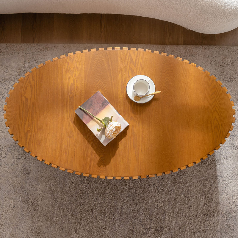 Table basse ovale en bois 43,5 "avec relief fabriqué à la main | Base de piédestal robuste, conception en forme d'olive pour le salon