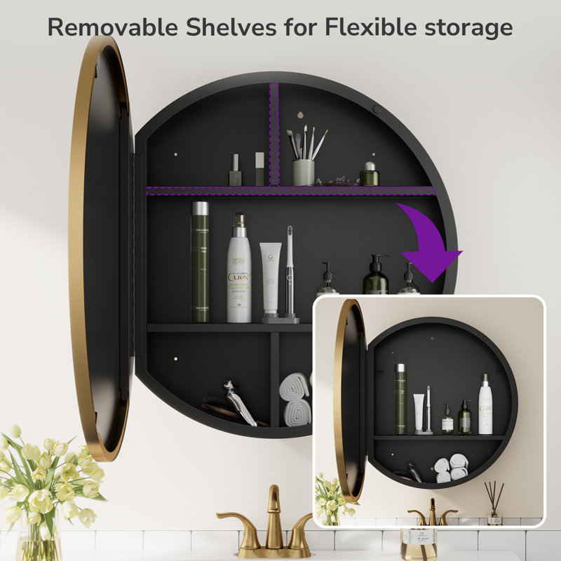 Gervon Round Wall Mounted Medicine Cabinet with Shelves, 26" H x 26" W x 6" D, Gold