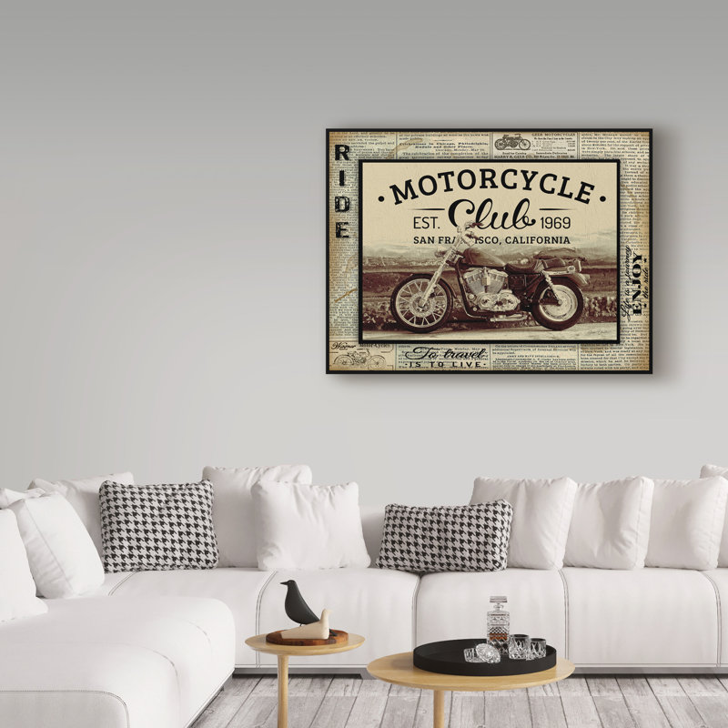 « motocyclette club », affiche rétro sur toile tendue, H 18 po x l 24 po x P 2 po