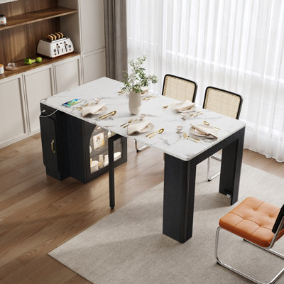 Table de salle à manger extensible avec 3 rallonges amovibles, table d'îlot mobile avec prise de courant, armoire avec rangement pour la salle à manger et le salon (NOIR ET BLANC MARBRE)