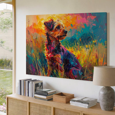 A Vibrant Painting Of A Small Dog Sitting In A Colorful Meadow The Fur Is Depicted With Canvas Wall Art Premium Quality Ready To Hang