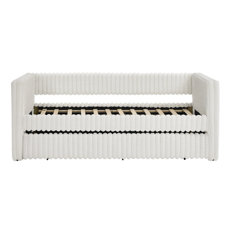 Phillip Modern Upholstered Daybed with Pull-Out Bed & Striped Design, Light Beige