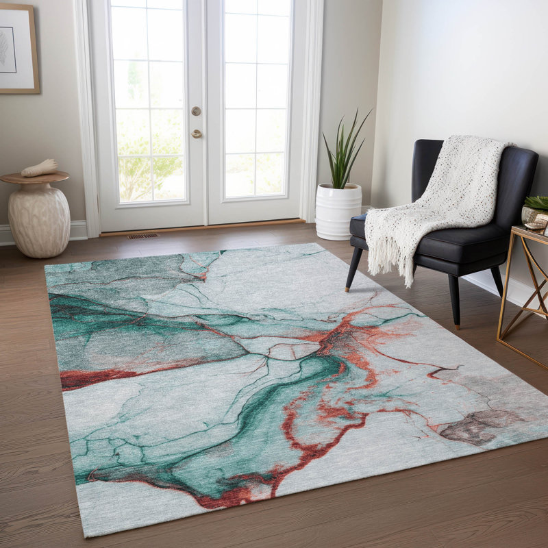 Tapis bleu sarcelle lavable à la machine intérieur / extérieur Cinead ACN1690, Rectangle 9 pi x 12 pi