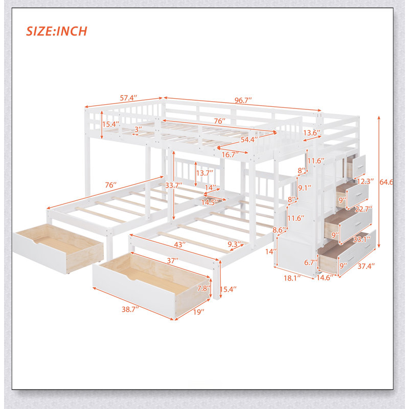 Full Over Twin & Twin Bunk Bed, Wood Triple Bunk Bed With Drawers And Guardrails, White