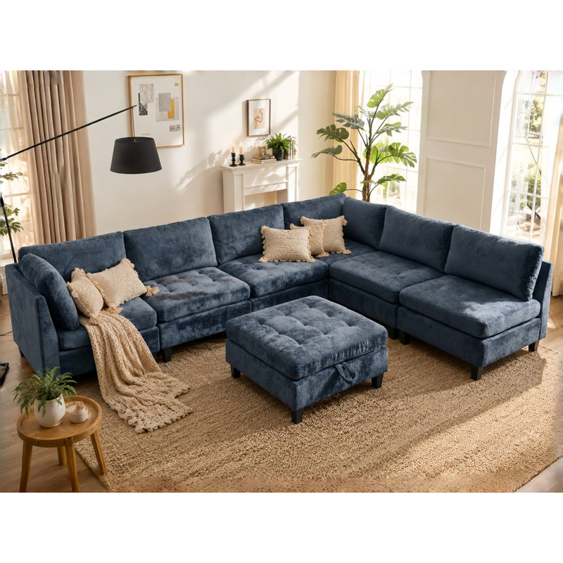 Canapé-lit modulaire avec repose-pieds Chenille, Chenille bleu, 33.5"H x 255"W x 32.3"D