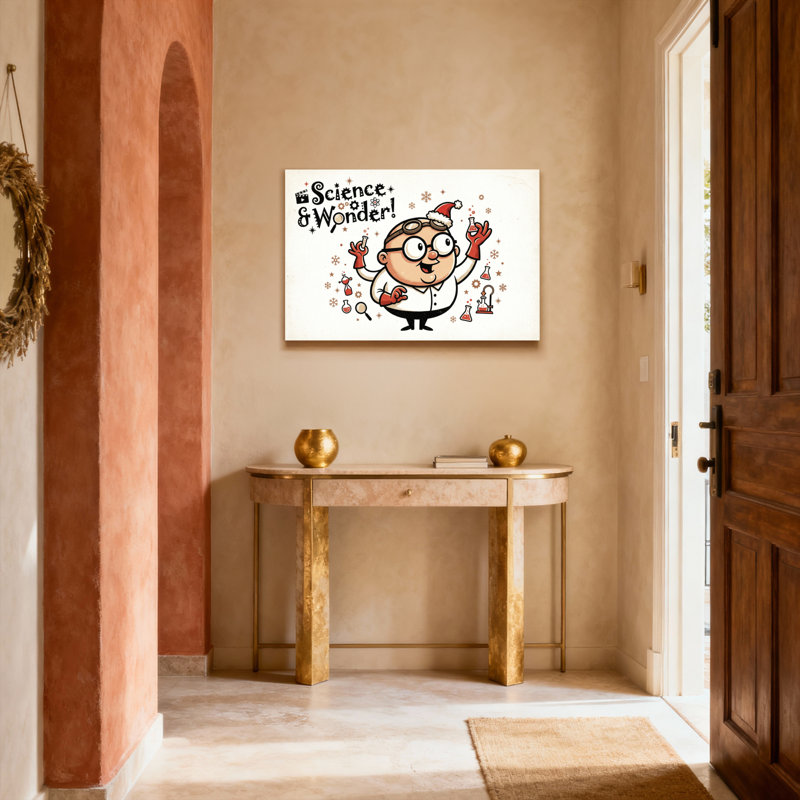 Ensemble de 1 tableau sur toile représentant un scientifique de dessin animé avec un bonnet de père Noël, intitulé « Science et émerveillement ».