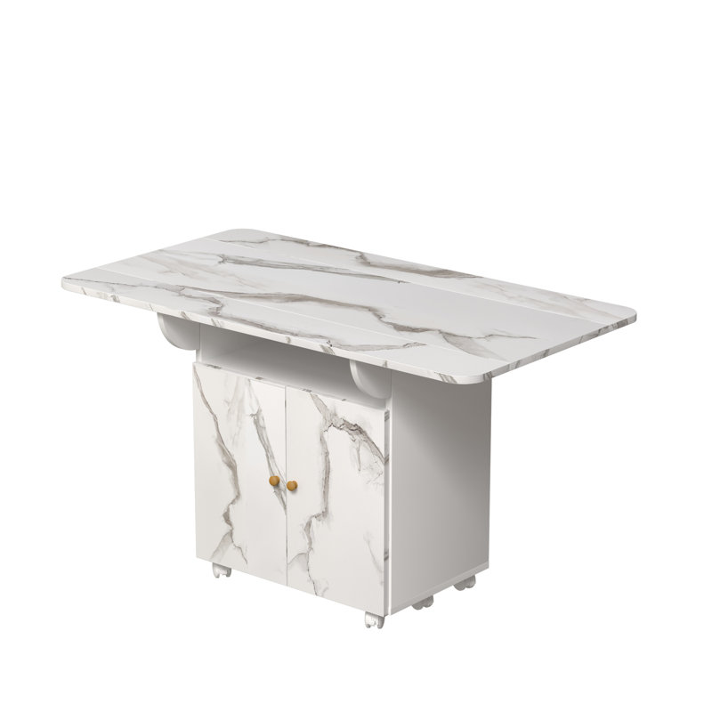 Space Saving 47" Folding Table With White Marble Appearance And Storage Cabinet, 6 Wheels For Convenient Placement Color Table, Drawers, Movable Kitchen Island