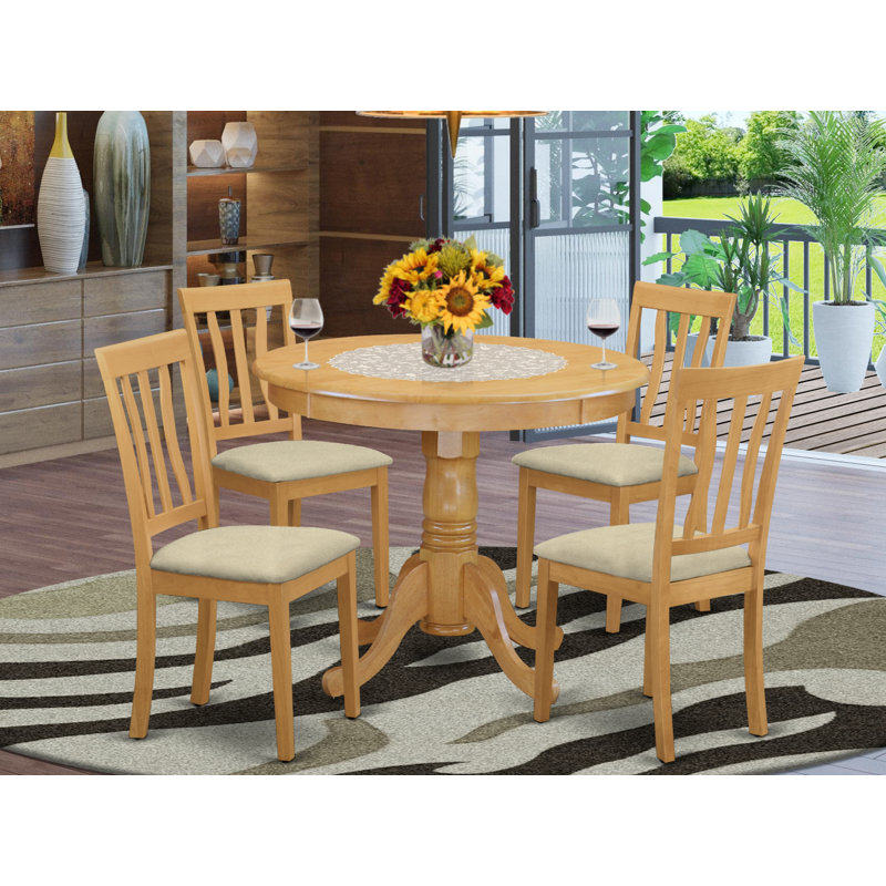 5 Piece Dining Room Table Set Includes a Round Wooden Table with Pedestal and 4 Linen Fabric Kitchen Dining Chairs, 36x36 Inch, Oak