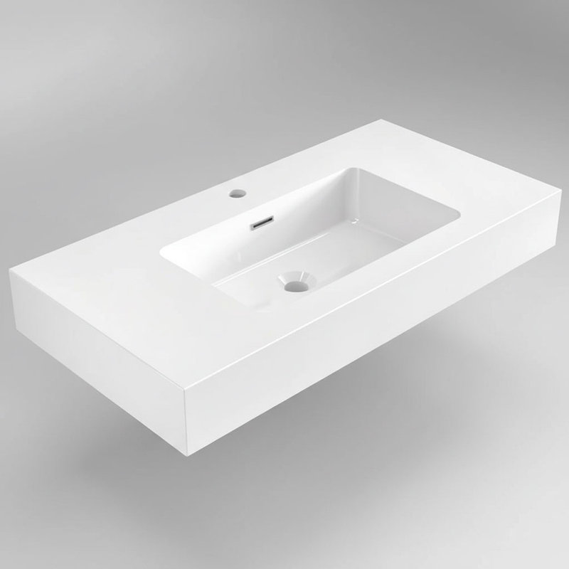 Évier à fixation murale l 36 po x P 18 po avec trop-plein et robinet simple, Blanc lustré
