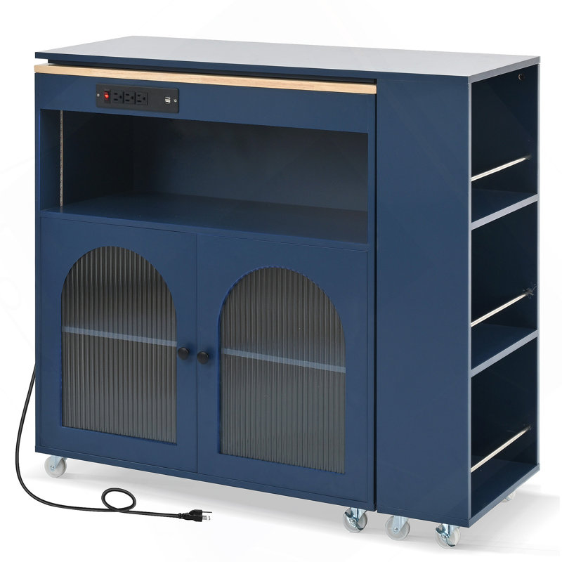 Kitchen Island On Wheels With LED Lights,Power Outlets And 2 Fluted Glass Doors, Blue