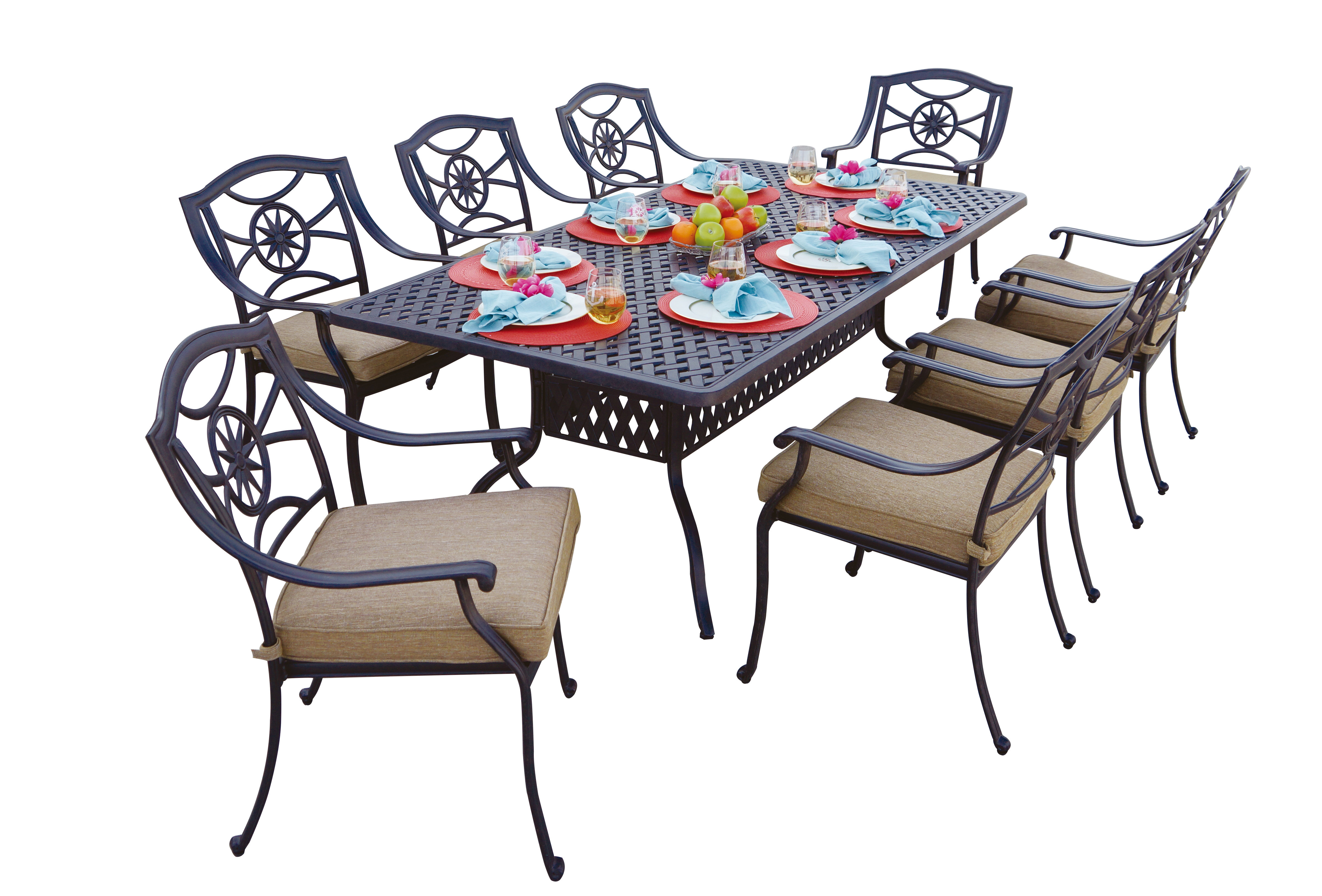 Lark Manor Aldeign 9Piece Patio Dining Set with Cushions and 42 x 84