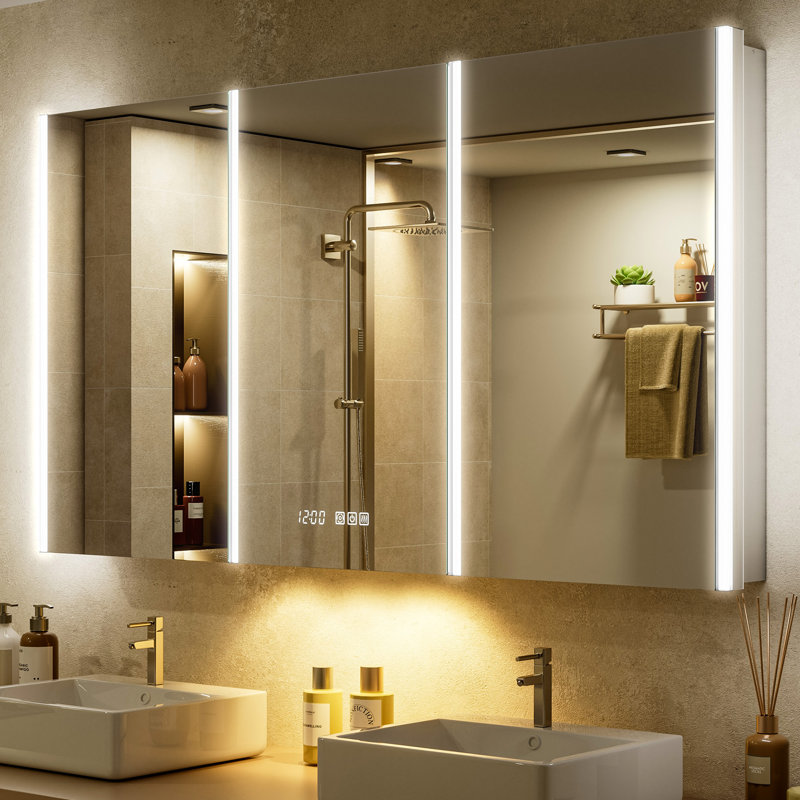54" W x 30" H LED Medicine Cabinet with Mirror, Dimmable 3-Color Lighting, Anti-Fog, Outlet & USB Ports, Recessed/Surface Mount