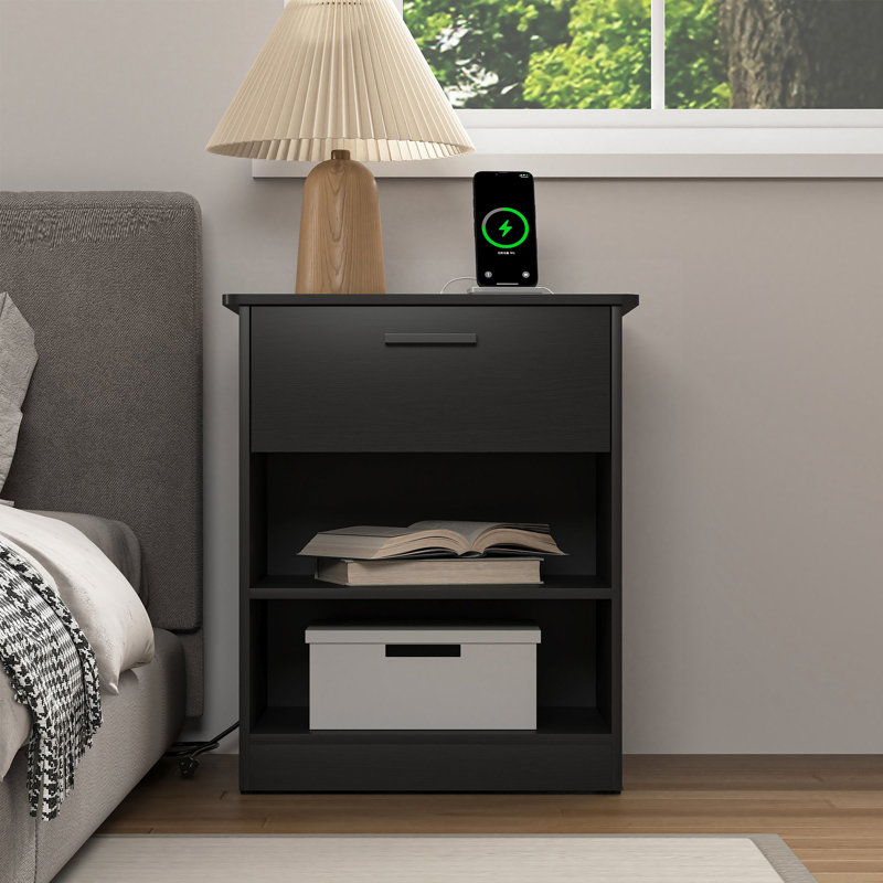1 - Drawer Nightstand With Charging Station, Black