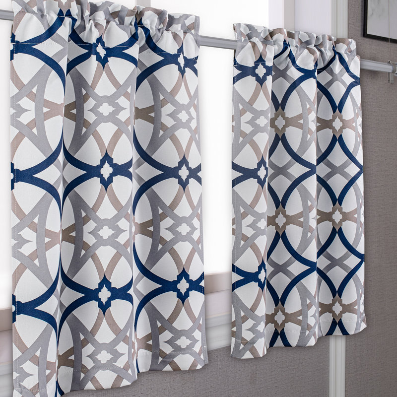 Ensemble de rideaux de cuisine géométrique sur mesure 3 pièces, L 52 po x L 54 po, Bleu marine