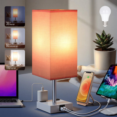 Lampe de chevet carrée moderne avec ports de chargement USB-C/USB-A et prises secteur – Éclairage à intensité variable par simple pression sur 5 niveaux, respectueux des yeux