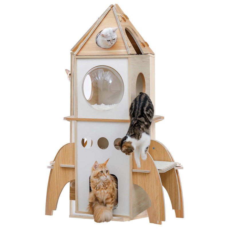 54'' Natural and White Wood Rocket Cat Tower with Condos